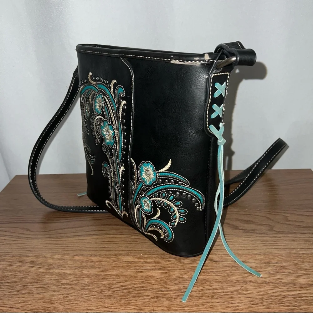 Montana West Black Embroidered Floral Crossbody Bag